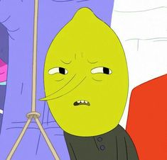 a cartoon character with an angry look on his face and eyes, standing in front of a curtain