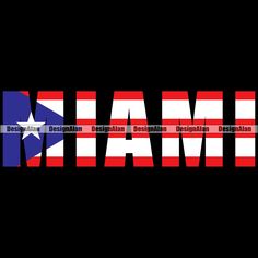 the word miami written in red, white and blue with an american flag on it