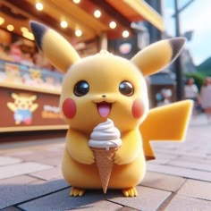 a toy pikachu eating an ice cream cone