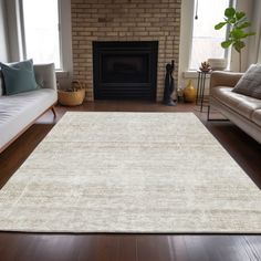 a living room area with couches and a rug on the floor in front of a fireplace