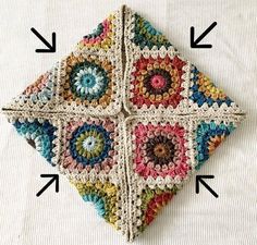 a crocheted square is shown with arrows pointing to the center