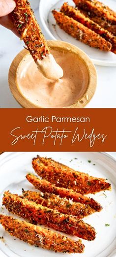 garlic parmesan sweet potato wedges with dipping sauce