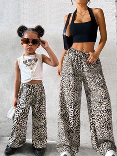 Mommy And Me Matching Outfits (2pcs Sold Separately) Young Girl Casual All-Match Chic Streetwear Sports Leopard Print Light & Silky Comfortable Woven Pants, Suitable For Summer, Autumn, Daily Wear, Sun Protection Multicolor Casual   Polyester Leopard Print,Textured Pattern Wide Leg Non-Stretch  Young Girls Clothing, size features are:Bust: ,Length: ,Sleeve Length: Mommy And Me Matching Outfits, Chic Streetwear, Kids Beachwear, Casual Girl, Girls Clothing, Matching Outfits, Mommy And Me, Sun Protection, Women Clothes Sale