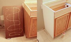 two pictures side by side showing the same cabinet doors and bottom part of the cabinets