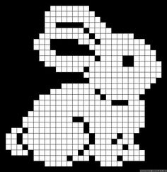 a cross stitch pattern of a cartoon character in black and white, with the letter e on it