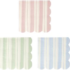 three napkins with different colors and patterns on them, one in pink, the other in blue