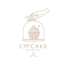 a cupcake logo with a hand reaching for the cupcake in it's display case