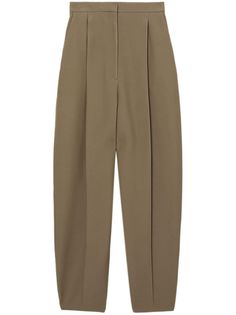 olive brown inverted pleat high-waisted concealed front fastening two side slash pockets two rear jetted pockets tapered leg tailored cut Elegant Tapered Bottoms For Business Casual, Classic Tapered Bottoms For Workwear, High-waisted Olive Pants For Work, Khaki Tapered Leg Dress Pants With Welt Pockets, High Waist Olive Pants For Work, Olive Trousers For Workwear, Tailored Tapered Bottoms For Workwear, Olive Straight Pants With Belt Loops, Chic Olive Pants For Workwear