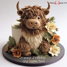 Highland Cow Birthday Cake with Name Edit Birthday Cake With Name, Cake With Name, Cake Name