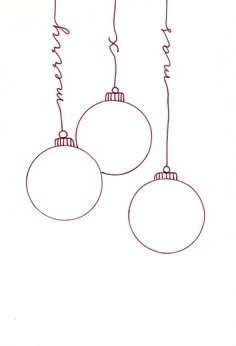 three christmas ornaments hanging from the ceiling with red string attached to each ornament