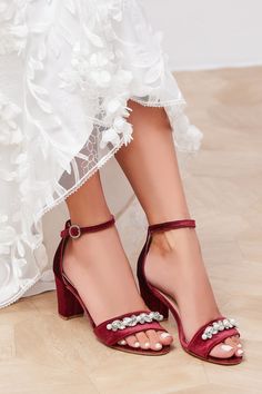 Red Velvet Wedding Shoes With Crystals and Pearls Red Bridal - Etsy Glamorous Closed Toe Block Heels For Wedding, Elegant Burgundy Sandals For Party, Red Wedding Shoes With 4-inch Heel, Glamorous Red Sandals For Wedding, Red Open Toe Heels For Prom, Red Low Heel Wedding Heels, Red 4-inch Heels For Wedding, Red Pointed Toe Wedding Shoes, Red Block Heel Wedding Shoes For Party