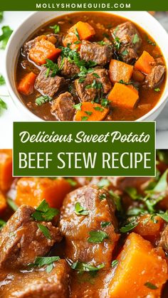 Indulge in a cozy and satisfying meal with this hearty Sweet Potato Beef Stew recipe. Packed with flavor and loaded with nutritious ingredients, it's the perfect dish to warm you up on chilly nights. Tender beef, sweet potatoes, and aromatic spices create a savory combination that will tantalize your taste buds. Whether you're cooking for family or hosting a gathering, this stew is sure to impress with its comforting aroma and delicious taste. Beef Stew With Sweet Potatoes, Sweet Potato Beef Stew, Roast Beef Hash, Slow Cook Beef Stew, Hearty Beef Stew, Yummy Sweet Potatoes, Beef Hash, Filling Dinner, Stewed Potatoes