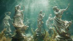 the statues are under water and surrounded by seaweed