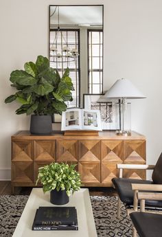 a living room with a large plant on top of a coffee table in front of a mirror