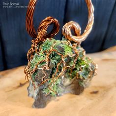 a piece of wire sitting on top of a rock covered in green and brown moss