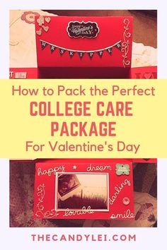 two red boxes with the words how to pack the perfect college care package for valentine's day