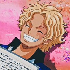 an anime character is smiling and holding a book in front of pink background with writing on it