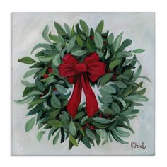 a painting of a christmas wreath with red bow