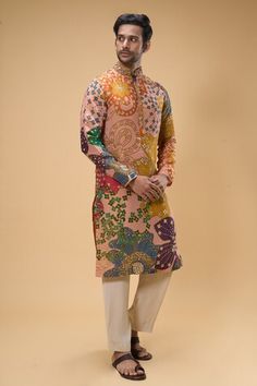 Peach kurta with all over abstract floral print, embellished by beads and pearls. Comes with pant. - Aza Fashions Multicolor Floral Print Traditional Wear For Reception, Embellished Multicolor Kurta For Eid, Designer Multicolor Embellished Kurta, Traditional Orange Floral Print Kurta, Silk Multicolor Kurta With Mirror Work, Multicolor Silk Kurta With Mirror Work, Fitted Embellished Pink Kurta, Fitted Multicolor Embroidered Kurta With Mirror Work, Designer Embellished Multicolor Traditional Wear