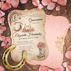 an ornate pink and gold wedding card with a horse boot, flowers and swirls