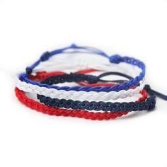 These skinny braided bracelets are perfect to mix and match in the America Collection.  All Rally Strings bracelets are available in several sizes and come with an adjustable knot, so you get the perfect fit every time. See our other Special Edition bracelets here: https://etsy.me/38JSrVD Check out all our Rally Strings sets here: www.etsy.com/shop/RallyStrings 🌟 Size and Materials: Bracelets are made using sturdy nylon knotting cord. Sliding knot closure allows for adjustable sizing. Contact u White Nylon Cord Bracelets For Beach, Casual Braided Bracelets For The Beach, Casual Braided Bracelets For Beach, Casual Braided Bracelets, Casual Braided Bracelet For Beach, Beach Jewelry With Braided Nylon Cord, Braided Nylon Cord Bracelets For The Beach, Braided Nylon Cord Jewelry For Beach, White Resizable Braided Bracelets With Waxed Cord