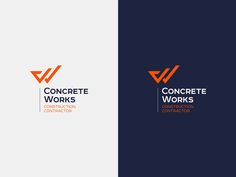 the logo for concrete works construction, which is designed in orange and blue colors with an arrow