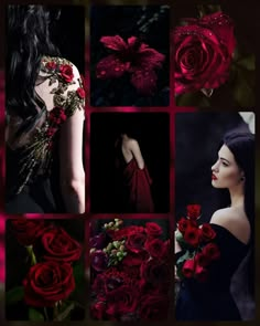 a collage of red roses and other images with the same woman's dress