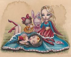 a painting of a woman laying on the ground with stuffed animals