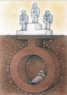 a drawing of three men standing on top of a giant letter with one man sitting in the middle