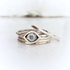 Moonstone eye of protection ring is handcrafted & stacked along with 4 hammered sterling silver rings. ~Custom gemstone requests welcome ~Handmade in Tennessee