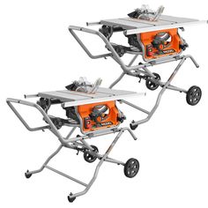 two portable tables with wheels on each side and one being used as a table sawing machine