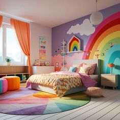 a bedroom with rainbow colored walls and furniture