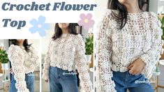 the crochet flower top is shown in three different pictures, including one with long sleeves