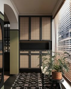 a living room with a plant on the window sill next to an open door