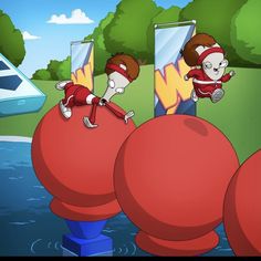 two cartoon characters standing on top of red balls in front of a body of water