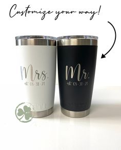 two personalized stainless steel tumblers with the words mr and mrs on them