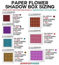 the paper flower shadow box sizing pattern is shown in four different colors and sizes