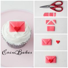 the cupcakes are decorated with pink icing and red paper hearts, along with some scissors