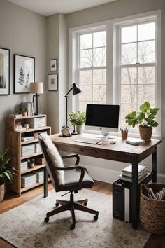 a home office with a desk, chair and computer on top of a rug in front of two windows