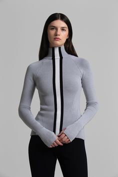 #color_gray melange Modern Stretch Winter Sweater, Striped Fitted Top With Ribbed Cuffs, Fitted Striped Top With Ribbed Cuffs, Fitted Striped Tops With Ribbed Cuffs, Chic Fitted Merino Wool Sweater, Fitted Chic Merino Wool Sweater, Fitted Ribbed Merino Wool Top, Stretch Striped Ribbed Sweater, Modern Fitted Merino Wool Sweater