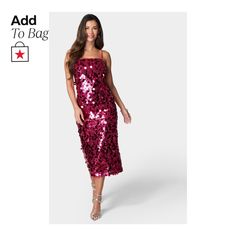 in stock Chic Sleeveless Midi Dress For Holiday Party, Chic Midi-length Sequin Dress, Sleeveless Midi Dress For Holiday Party In Spring, Spring Sequin Midi Dress For Date Night, Chic Sequin Midi Dress For Night Out, Chic Pink Dress For Holiday Party, Chic Midi-length Sequin Dress For Night Out, Spring Holiday Party Knee-length Midi Dress, Elegant Summer Midi Dress For Holiday Parties