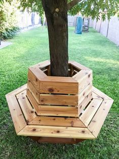 a wooden bench sitting under a tree on top of green grass next to a tree