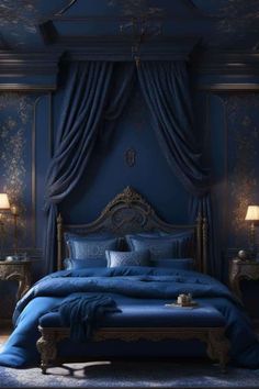 a bed with blue sheets and pillows in a room that has curtains on the windows