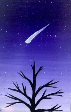 an acrylic painting of a tree with a comet in the sky above it