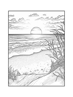 a black and white drawing of the ocean with sand, grass and clouds in the background