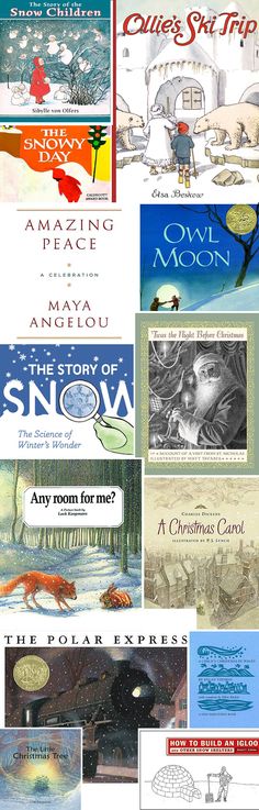 many different books are stacked together on top of each other, including one for the story of snow