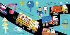 an image of children's book cover with trucks and cars going down the road