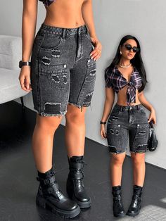 Women Pockets Distressed Frayed Hem Casual Denim Shorts Black Casual   Denim Plain Bermuda Non-Stretch  Women Clothing, size features are:Bust: ,Length: ,Sleeve Length: Dope Fashion Outfits, Denim Shorts Black, Casual Denim Shorts, Effortlessly Chic Outfits, Everyday Fashion Outfits, Classy Casual Outfits, Easy Trendy Outfits, Really Cute Outfits, Cute Simple Outfits