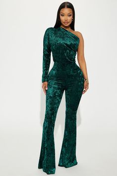 Available In Hunter. Velour Jumpsuit Long Sleeve One Shoulder Flare Leg Stretch Inseam = 35" Disclaimer Pattern Placement May Vary 95% Polyester 5% Spandex Imported | Passion For You Velvet Jumpsuit in Hunter size 2X by Fashion Nova Velvet Jumpsuits For Women, Velour Jumpsuit, Jumpsuit Long Sleeve, 50 Birthday, Holiday Photoshoot, Jumpsuit Long, Velvet Jumpsuit, Leg Stretching, Long Jumpsuits