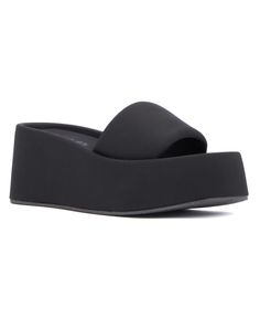 in stock Black Cushioned Wedge Heel Platform Slippers, Black Platform Slippers With Cushioned Footbed And Wedge Heel, Black Synthetic Wedge Sandals With Heel Loop, Modern Black Wedge Heel Slides, Spring Black Platform Slippers With Heel Loop, Black Wedge Sandals With Textured Footbed, Black Platform Slippers With Heel Loop For Spring, Black Platform Slides In Synthetic Material, Black Wedge Heel Slides For Summer